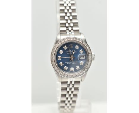 A LADIES BOXED 'ROLEX OYSTER PERPETUAL DATEJUST' WRISTWATCH, manual wind, round blue dial signed 'Rolex Oyster Perpetual Date