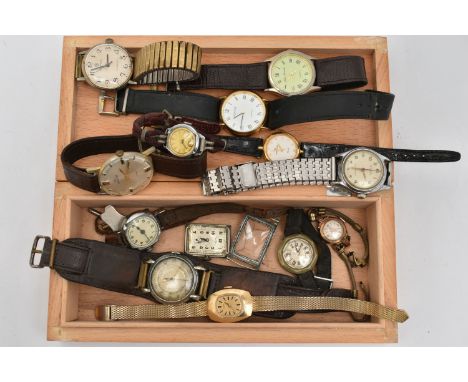 A SMALL WOODEN BOX WITH ASSORTED WRISTWATCHES, to include a gents worn 'Invicta' manual wind base metal watch with brown leat