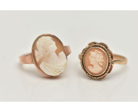 TWO CAMEO RINGS, the first a rose metal ring, set with an oval shell cameo depicting a lady, stamped 9ct, ring size G 1/2, th