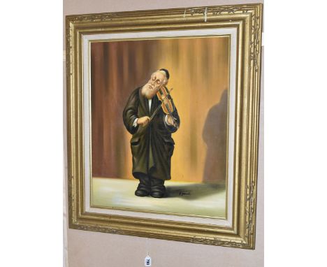 A COLLECTION OF PAINTINGS AND PRINTS ETC, comprising a painting of a Jewish man playing a fiddle in the style of Abraham Stra