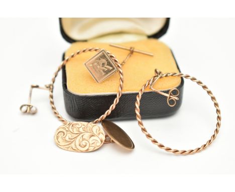 A PAIR OF 9CT GOLD HOOP EARRINGS A SINGLE CUFFLINK AND A BUTTON HOOK, rope twist hoops with post and scroll fittings, stamped