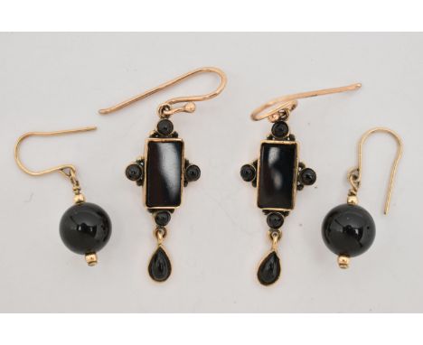 TWO PAIRS OF EARRINGS, the first a pair of yellow gold and onyx drop earrings, fitted with fish hook fittings, hallmarked 9ct