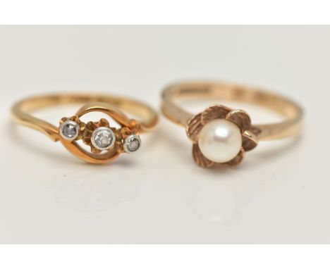 TWO RINGS, the first, a three stone diamond ring, yellow metal mount, stamped 18ct, ring size L, approximate gross weight 2.3