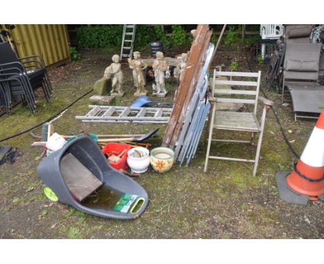 A COLLECTION OF GARDEN TOOLS AND STEP LADDERS including a garden trolley, pots, folding chairs, rakes etc