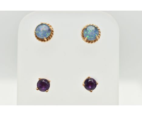 TWO PAIRS OF GEM STUD EARRINGS, the first a pair of 9ct gold amethyst stud earrings, with 9ct hallmark, the second a pair of 