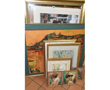 A SMALL QUANTITY OF PAINTINGS AND PRINTS ETC, to include a watercolour depicting cottages in a rural setting, faded signature