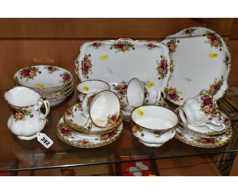 A GROUP OF ROYAL ALBERT 'OLD COUNTRY ROSES' PATTERN TEAWARE, comprising a cake plate, sandwich plate, six dishes, milk jug, l