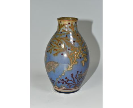 A PILKINGTON'S BALUSTER VASE, decorated with fish and pond/seaweed on a blue ground, P and B mark to base and initials JR for