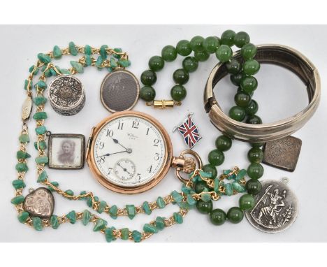 A SELECTION OF JEWELLERY, to include a nephrite jade bead necklace, a further gem necklace, an open face pocket watch, a hear