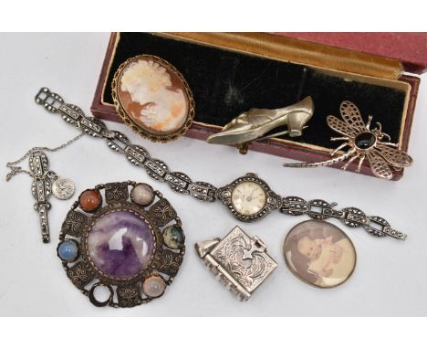 SEVEN ITEMS OF JEWELLERY, to include a ladies white metal and marcasite manual wind wristwatch, dial signed 'Lotos', stamped 