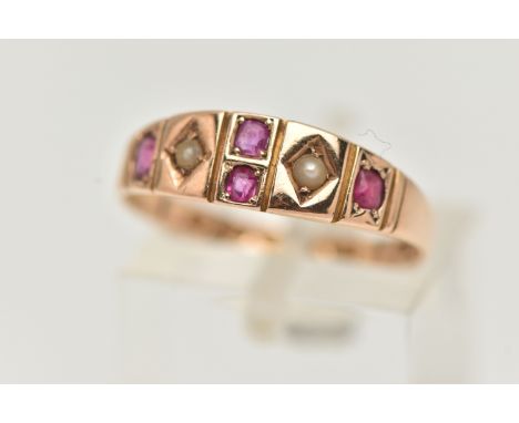 A MID VICTORIAN 15CT GOLD RUBY AND SPLIT PEARL RING, designed as two split pearls interspaced by rubies, 15ct hallmark for Bi