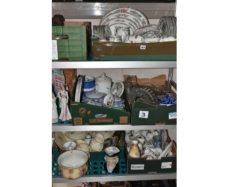 SIX BOXES AND LOOSE CERAMICS AND DINNERWARE, to include a Maddock 'Indian Tree' pattern dinner set, stainless steel tea ware,