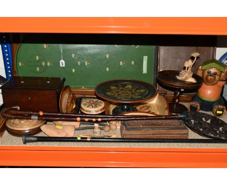 A GROUP OF TREEN, to include a silver topped cane, hallmarked London 1928, a walking stick with worn silver mount, a Corinthi