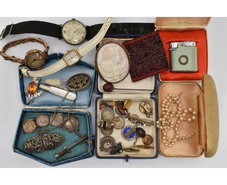 A BAG OF ASSORTED ITEMS, to include a gold plated, carved conch shell cameo brooch, a gents 'Helvetia' base metal wristwatch 