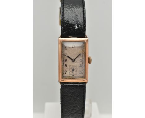 A GENTS 9CT GOLD MID 20TH CENTURY WRISTWATCH, manual wind, rectangular worn silvered dial, Arabic numerals, subsidiary dial a