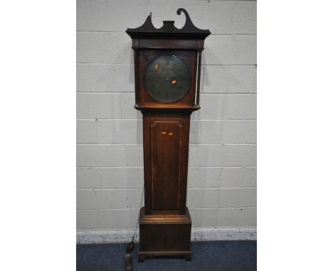 A GEORGIAN OAK 30 HOUR LONGCASE CLOCK, the hood with swan neck pediment, the circular glass door enclosing a 13.5 inch brass 