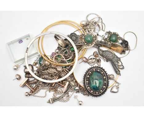 A SMALL BAG OF ASSORTED JEWELLERY, to include three rolled gold bangles, a silver bangle, hallmarked Birmingham, a silver cub