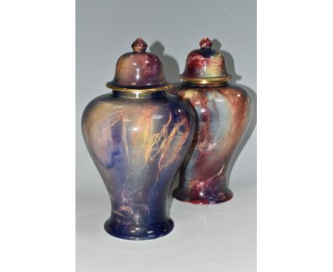 TWO WILKINSON'S ROYAL STAFFORDSHIRE ORIFLAMME COVERED GINGER JARS, of similar baluster form, with purple, red and cream marbl