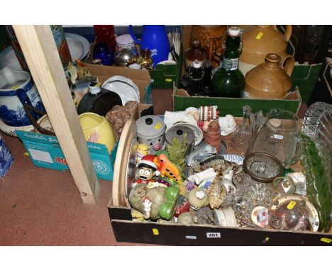 FOUR BOXES AND A QUANTITY OF LOOSE CERAMICS to include a 'Spode' tea caddy, large ceramic bowls, a collection of flagons and 