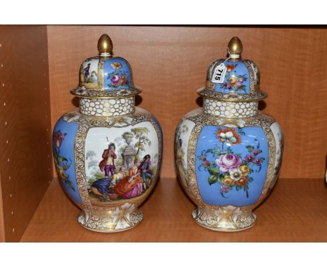 A PAIR OF LATE 19TH CENTURY AUGUSTUS REX PORCELAIN JARS AND COVERS OF BALUSTER FORM, painted with panels of 18th century styl