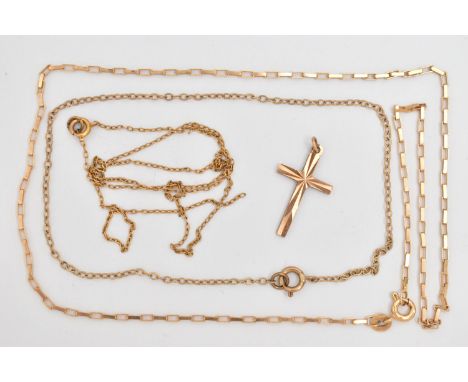 THREE CHAINS AND A CROSS PENDANT, the first a box link chain with spring clasp, hallmarked 9ct Birmingham import, length 400m