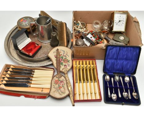 A BOX OF ASSORTED ITEMS, to include a cased set of six silver teaspoons, each hallmarked 'C T Burrows &amp; Sons' Birmingham,