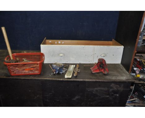 A DRAWER CONTAINING TOOLS including a Record Floor board clamp, a Record Marples RM2075 vice, a No 151, two coffin planes, a 