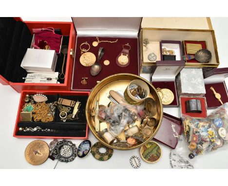 A BOX OF ASSORTED ITEMS, to include a red jewellery box with contents of costume jewellery, stick pins etc, a box including a