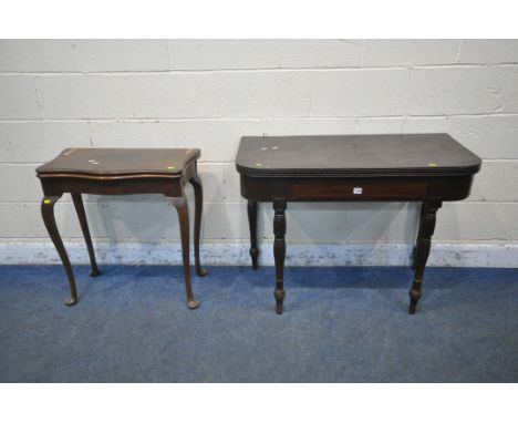 A GEORGIAN MAHOGANY FOLD OVER TEA TABLE, single frieze drawer, on turned legs, width 100cm x depth 50cm x height 75cm, and a 