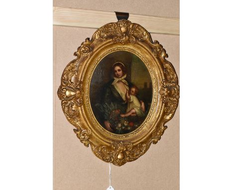 A 19TH CENTURY ENGLISH SCHOOL PORTRAIT OF MOTHER AND CHILD, the mother is depicted as a flower seller with her baby sat in th