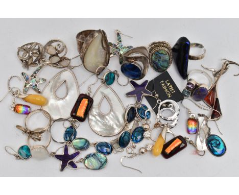 ASSORTED WHITE METAL RINGS AND EARRINGS, to include eight rings of various designs, set with semi-precious gemstones to inclu