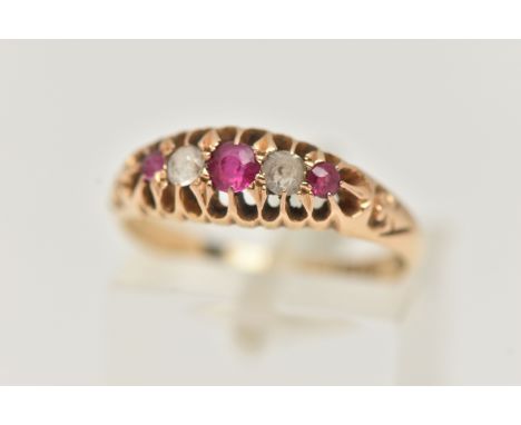 AN 18CT GOLD GEM SET BOAT RING, set with three circular cut rubies, interspaced with two circular cut colourless sapphires, o