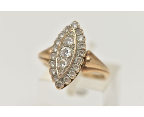 A 9CT GOLD DRESS RING, the marquise shape panel set with two tiers of circular cubic zirconia, 9ct hallmark for Birmingham, r