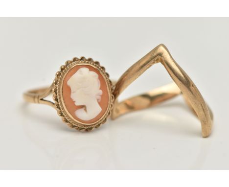 TWO 9CT GOLD RINGS, to include a cameo ring and a V-shape ring, both with 9ct hallmarks, ring sizes N and Q 1/2, approximate 