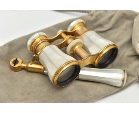 A PAIR OF BRASS AND MOTHER OF PEARL OPERA GLASSES, signed to the lens frames 'Lemaire Fabi Paris' with removeable handle and 