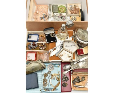 A BOX OF ASSORTED ITEMS, to include imitation pearl necklaces, beaded costume necklaces, a white metal purse, a beaded purse,