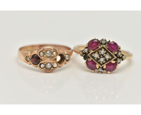TWO 9CT GOLD GEM SET RINGS, the first set with four oval shape treated rubies and split pearls, the second set with a circula