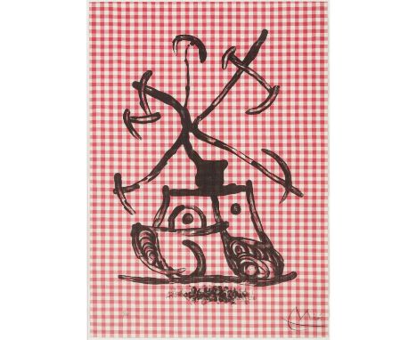 MIRÓ, JOAN (1893-1983), "La Dame aux Damiers", 1969, Lithographie/rot-weiß kariertes Tuch auf Karton aufgezogen, u.re. mit Bl