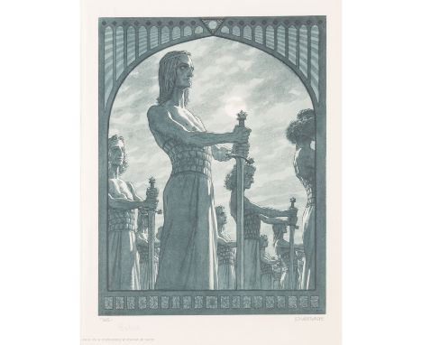 HÖPPENER, HUGO (1868-1947) "Schwertwache" Farblitho in Graublau, Entwurf von 1895 u.1912, handsigniert: "Fidus", in der Platt