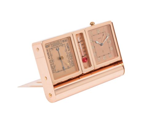 JAEGER-LECOULTRE, Reiseuhr mit Thermometer und Barometer, verkupfertes Gehäuse, 8-Tage-Werk mit Handaufzug und Wecker. HxBxT: