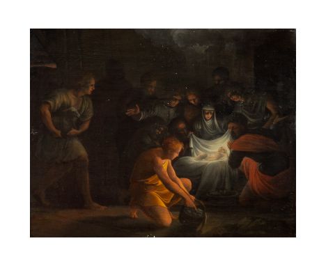 REMBRANDT VAN RIJN, SCHULE/Nachfolge (R.: 1606-1669), "Anbetung Christi", die Heilige Familie mit Hirten im Stall zu Bethlehe