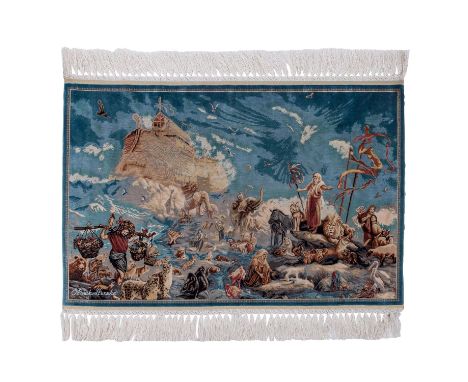 Bildteppich "Arche Noah" aus Seide. HEREKE/TÜRKEI, 20. Jh., 40x63 cm. signiert "Özipek Hereke", ca. 1.690.000 Knoten pro qm.|