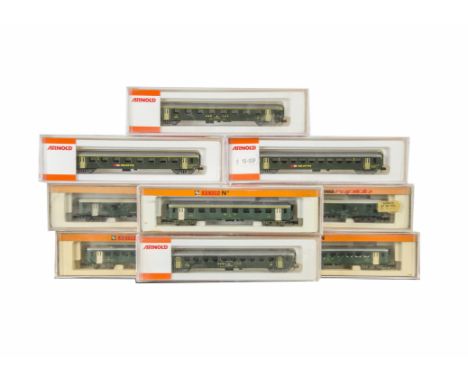Arnold N Gauge SBB CFF FFS BLS green light weight Passenger Coaches,  BLS 3721 (2) and 3711 (1), SBB CFF 3323/4/5 and 6 (4), 