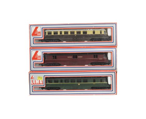Lima 00 Gauge Diesel Railcars, BR green W30W, maroon Express Parcels  and GWR chocolate and cream No 22, all in original boxe
