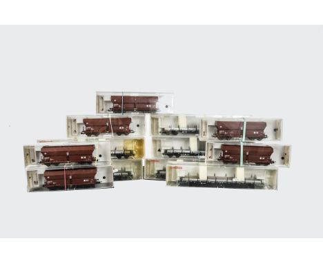 Boxed Fleischmann HO Gauge 3-rail/stud contact Freight Stock, 6 Fleischmann ref 5287 'bolster' wagons in grey, and 6 ref 5521