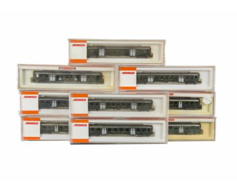 Arnold N Gauge SBB CFF FFS green light weight  Passenger Coaches with two sets of double doors each side,  3702, 3703, 3715, 