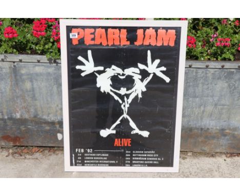 Music Memorabilia - Original Pearl Jam 1992 UK tour poster.  Creased throughout and showing some signs of age.  Framed and gl