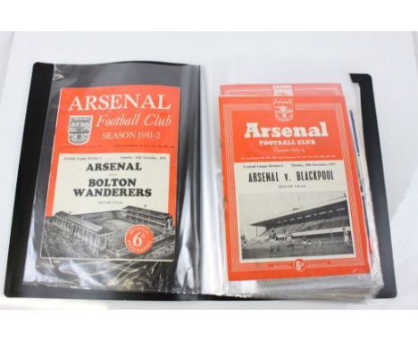 Over 75 1950s football programmes featuring clubs from A-L to include Arsenal, Colchester, Aston Villa, Blackburn, Bolton, Ev