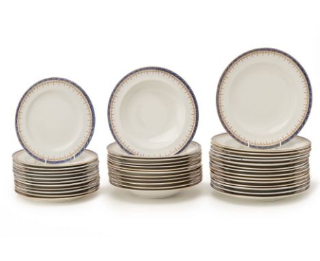 A GROUP OF ROYAL WORCESTER PLATES
Circa 1900, Regency style cobalt blue, comprising:

Fifteen dinner plates measuring 27cm di