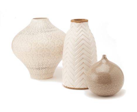 THREE CERAMIC VASES RETAILED BY CRATE &amp; BARREL
Of assorted designs
Heights from 30cm - 35cm
Condition: No obvious conditi